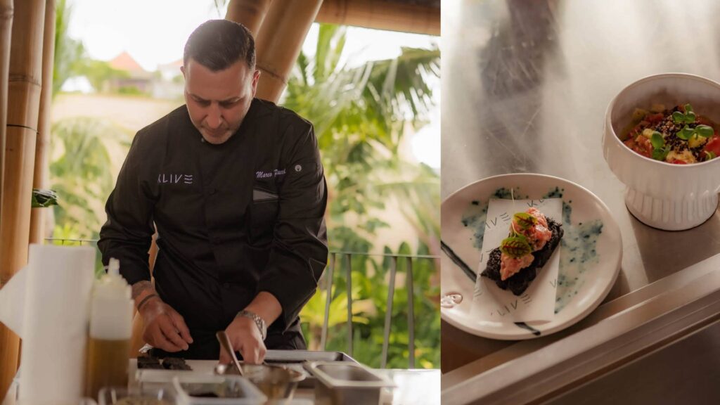 Chef Marco Petriacci preparing dishes during the 8 Hands collaborative dining night at Klive Beach Club, anchoring the menu with a restrained and balanced approach.
